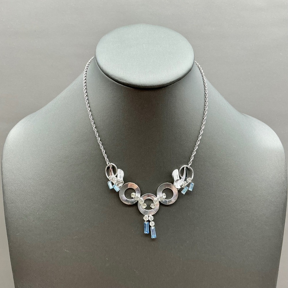 Vintage Carl Art Necklace Sterling Silver Blue Clear Rhinestone Art Deco 16"